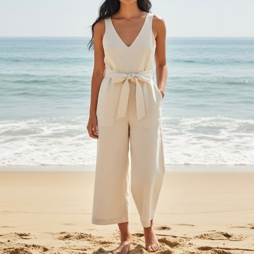 Banana Republic Women Cream Cotton Linen Wide Leg Belted Jumpsuit Size 0 Classic